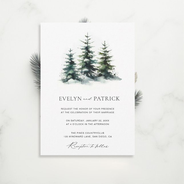 Convite Casamento Minimalista Moderno Elegante Dos Pinheir (winter wedding invitation christmas botanical modern sleek pine tree elegant contemporary)