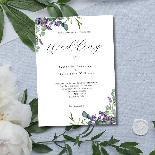 Convite Casamento Minimalista Moderno Eucalyptus lavanda (Lavender Eucalpytus Modern Minimalist Elegant Floral Botanical Wedding Invitation.)