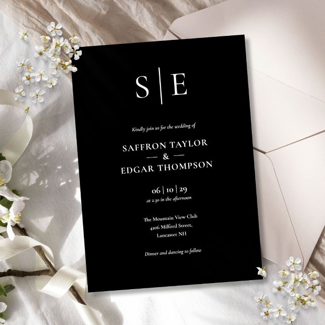Convite Casamento Minimalista Monograma Preto e Branco (Black And White Minimalist Monogram Wedding Invitation)