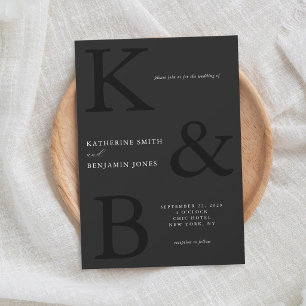 Convite Casamento Minimalista Monograma Preto Moderno