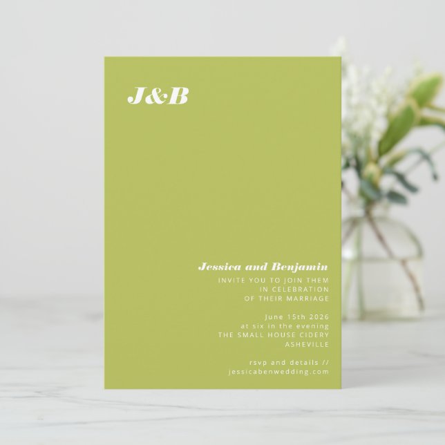 Convite Casamento Minimalista Monograma Verde Lima Chartre (Em pé/Frente)