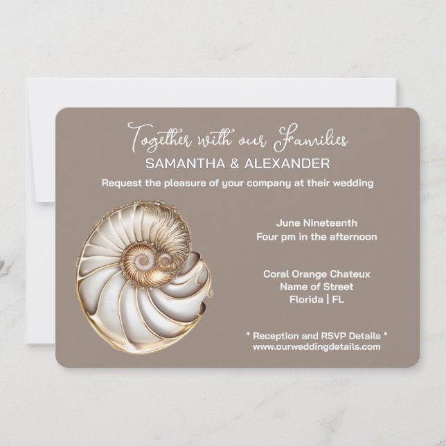 Convite Casamento Minimalista na Praia com Concha Marinha (Frente)