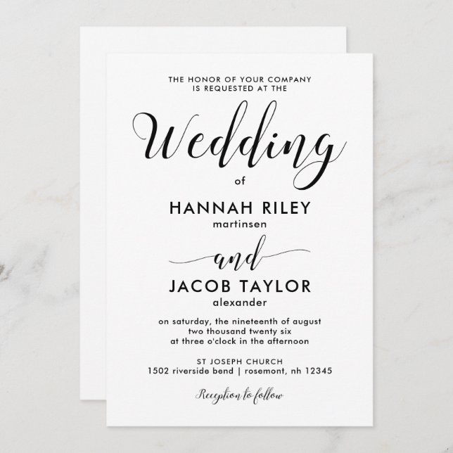 Convite Casamento Minimalista Negro e Branco (Frente/Verso)