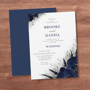 Convite Casamento Minimalista Orquídea Azul Prata Brilho