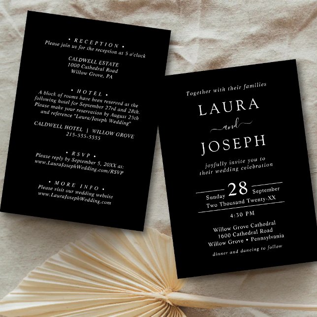 Convite Casamento Minimalista Personalizado Preto Tudo Em  (Minimalist black all in one invitation delivers sleek elegance for your personalized wedding day)