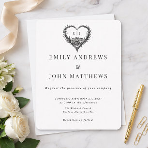 Convite Casamento Minimalista Preto Branco Floral Coração