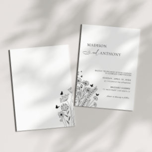 Convite Casamento Minimalista Preto e Branco com Flor Silv