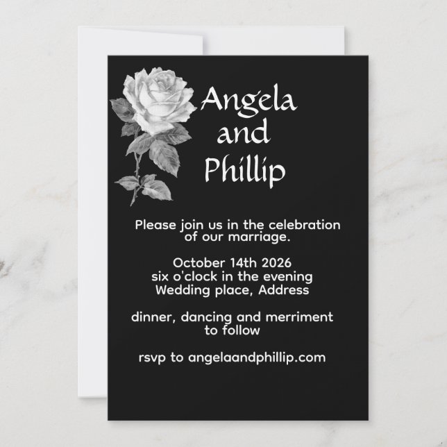 Convite Casamento Minimalista Preto e Branco Com Rosas (Frente)