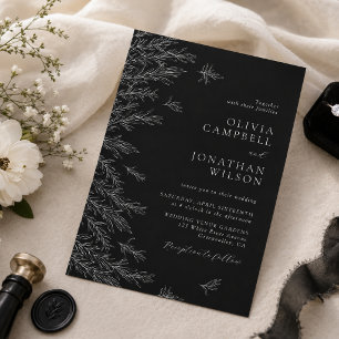 Convite Casamento Minimalista Preto e Branco Folhas Modern