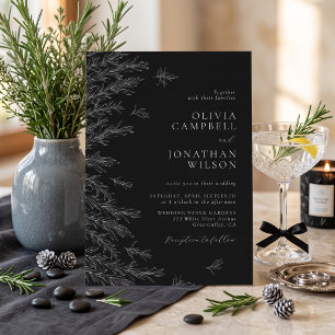Convite Casamento Minimalista Preto e Branco Folhas Modern