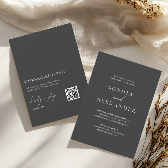 Convite Casamento Minimalista Preto Elegante com Código QR (Criador carregado)