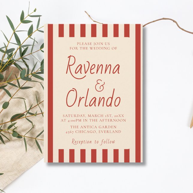 Convite Casamento Minimalista Retro com Listras de Marfim  (Criador carregado)