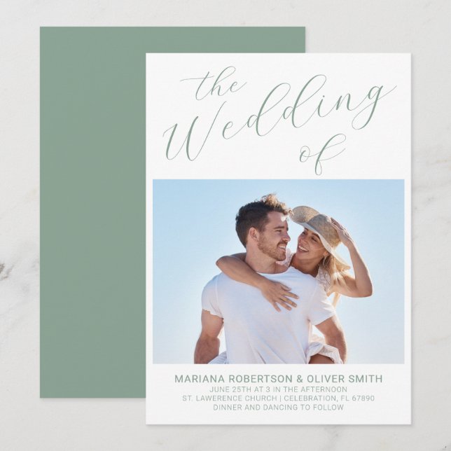 Convite Casamento Minimalista Sage Rótulo Casamento Escrit (Frente/Verso)