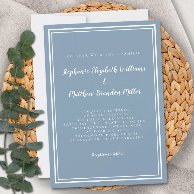 Convite Casamento Minimalista Simples Azul Poeira Branco (Simple Dusty Blue White Wedding Minimalist Invitation)