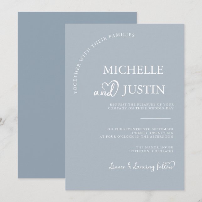 Convite Casamento Minimalista Simples Moderno Azul Empoeir (Frente/Verso)