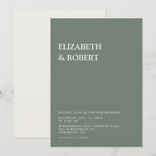 Convite Casamento minimalista simples moderno em verde sál (Frente/Verso)