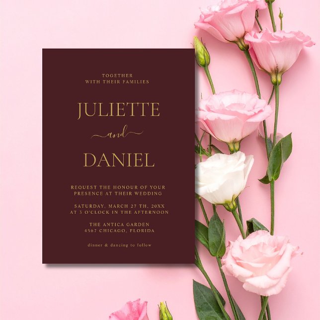 Convite Casamento Minimalista Simples Oxblood & Ouro (Criador carregado)