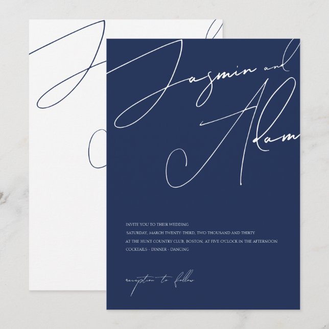 Convite Casamento Minimalista Tipografia Azul-Marinho (Frente/Verso)