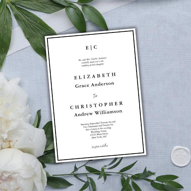 Convite Casamento Minimalista Tradicional Formal Monograma (Elegant Monogram Black White Traditional Wedding Invitation)