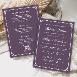 Convite Casamento Minimalista Tudo em Um Código QR Roxo Pó