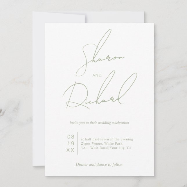 Convite Casamento minimalista verde da caligrafia (Frente)