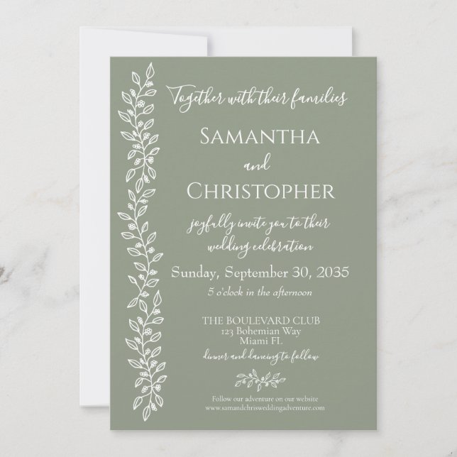 Convite Casamento Mínimo Botânico Verde do Modern Boho Sag (Frente)