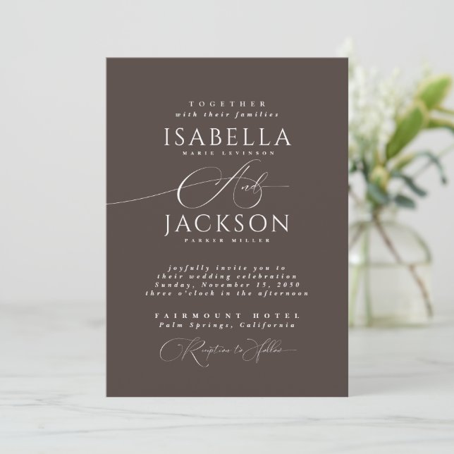 Convite Casamento Mínimo da Caligrafia Formal Mocha Brown (Em pé/Frente)