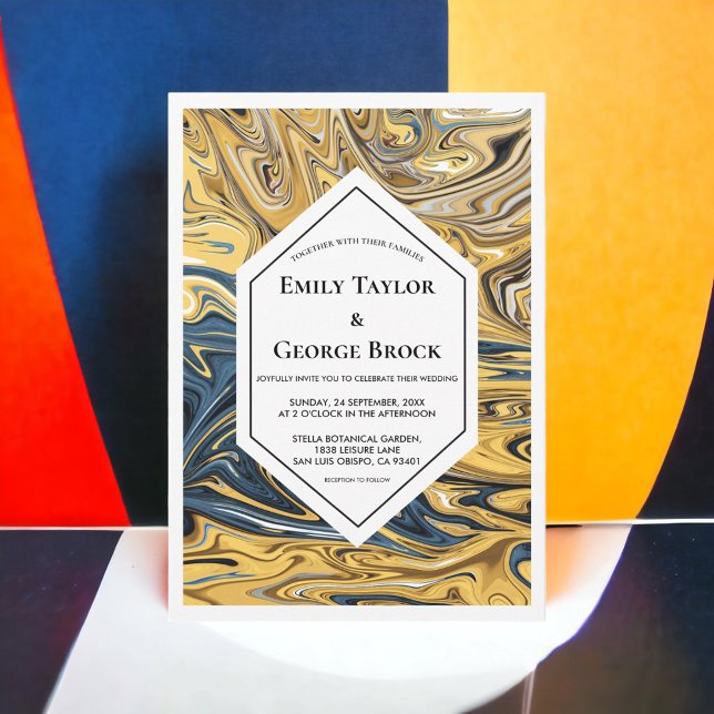 Convite Casamento Mínimo De Arte Por Ondas Negras E Dourad (Criador carregado)