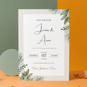 Convite Casamento Mínimo de Beige Floral e Verde com Aquar