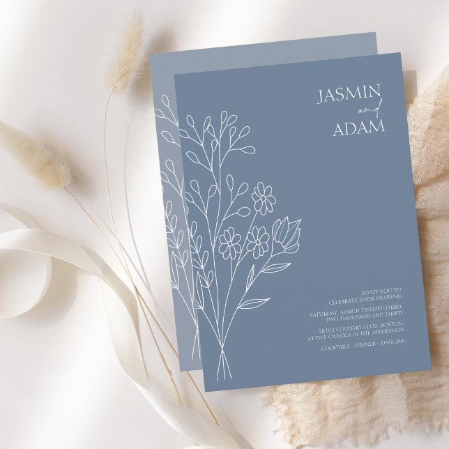 Convite Casamento Mínimo de Flores Brancas Azuis Brancas (Criador carregado)