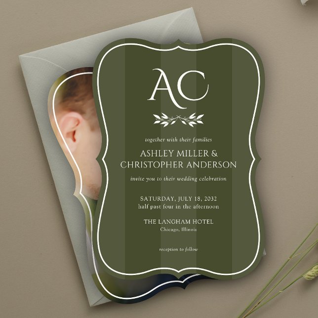 Convite Casamento Mínimo de Fotografia Verde-Olival em Fai (Criador carregado)
