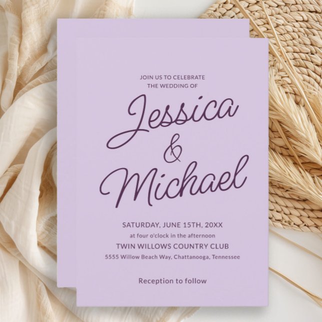 Convite Casamento Mínimo de Lilac Plum Purple Script (Lavender and plum purple wedding invitation)