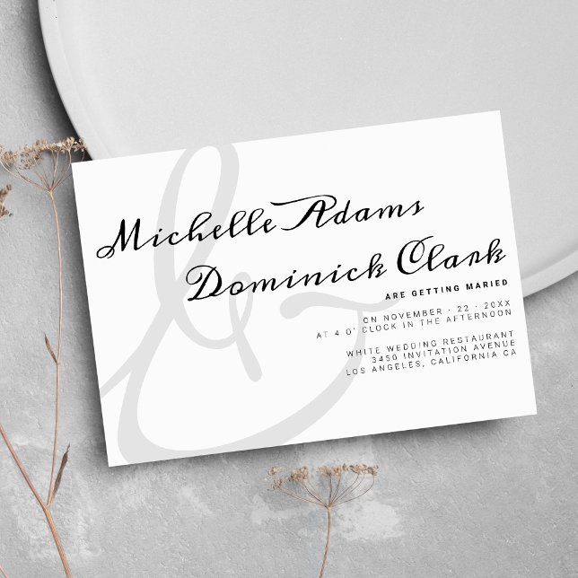 Convite Casamento mínimo de manuscrito branco preto e bran (Minimalist black white script ampersand wedding)