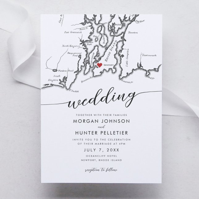 Convite Casamento Mínimo de Mapa Moderno da Ilha Rhode (Newport Rhode Island Wedding Invitation with a minimal modern elegant map design in black and white )