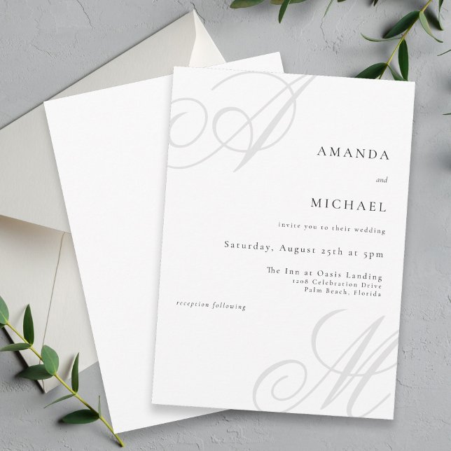 Convite Casamento Mínimo de Monograma de Borda Moderna (A simple minimalist wedding invitation with elegant layout and styling.)