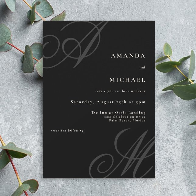 Convite Casamento Mínimo de Monograma de Borda Moderna Neg (A simple elegant wedding invitation with calligraphy monogram initials along the edges.)