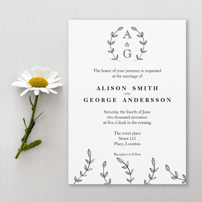 Convite Casamento Mínimo De Monograma De Verrugas Pretas E (This design is ideal for anyone who likes a minimalist black and white style with a touch of nature.)