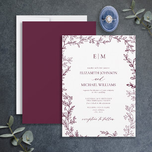 Convite Casamento Mínimo de Monograma Elegante de Folha Bu