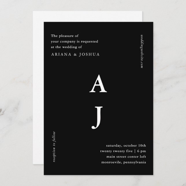 Convite Casamento Mínimo de Monograma Preto e Branco (Frente/Verso)
