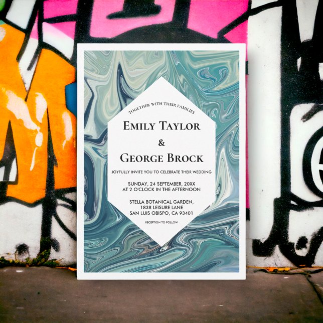 Convite Casamento Mínimo de Ondas Azuis Abstrato modernas  (Criador carregado)