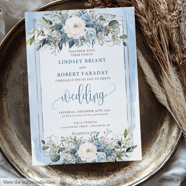 Convite Casamento Mínimo de Pastel Blue Silver Peonies (Minimal Pastel Blue White Silver Peonies Wedding Invitation)