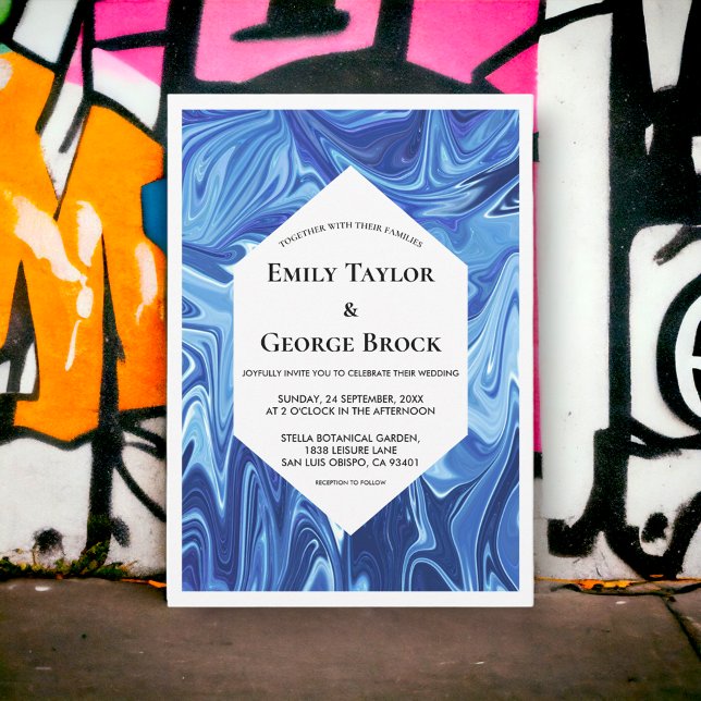 Convite Casamento mínimo de pintura de óleo azul Abstrato  (Criador carregado)