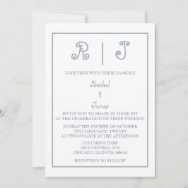 Convite Casamento Mínimo de Script Elegante Monograma Azul