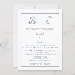 Convite Casamento Mínimo de Script Elegante Monograma Azul