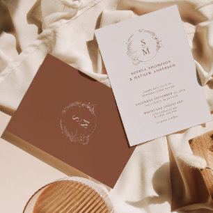 Convite Casamento Mínimo de Terracotta Floral Wreath Monog