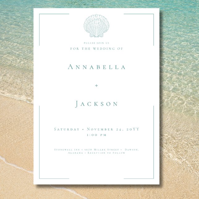 Convite Casamento Mínimo de Tipografia Aqua & White Shell (Minimal Typography Aqua White Shell Wedding Invitation)