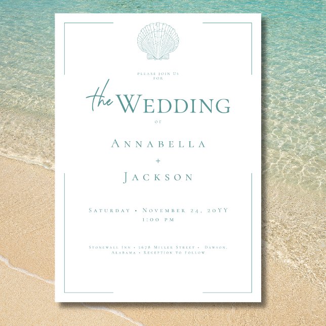 Convite Casamento Mínimo de Tipografia Aqua & White Shell (Minimal Typography Aqua White Shell Wedding Invitation)