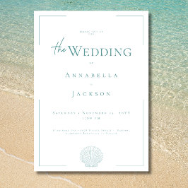 Convite Casamento Mínimo de Tipografia Aqua & White Shell
