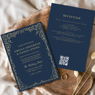 Convite Casamento Mínimo Dourado Azul do Código QR