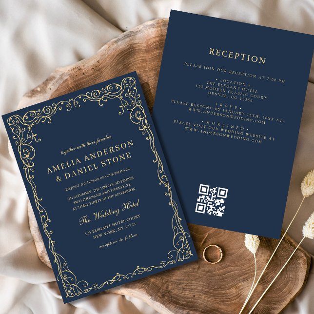 Convite Casamento Mínimo Dourado Azul do Código QR (Criador carregado)